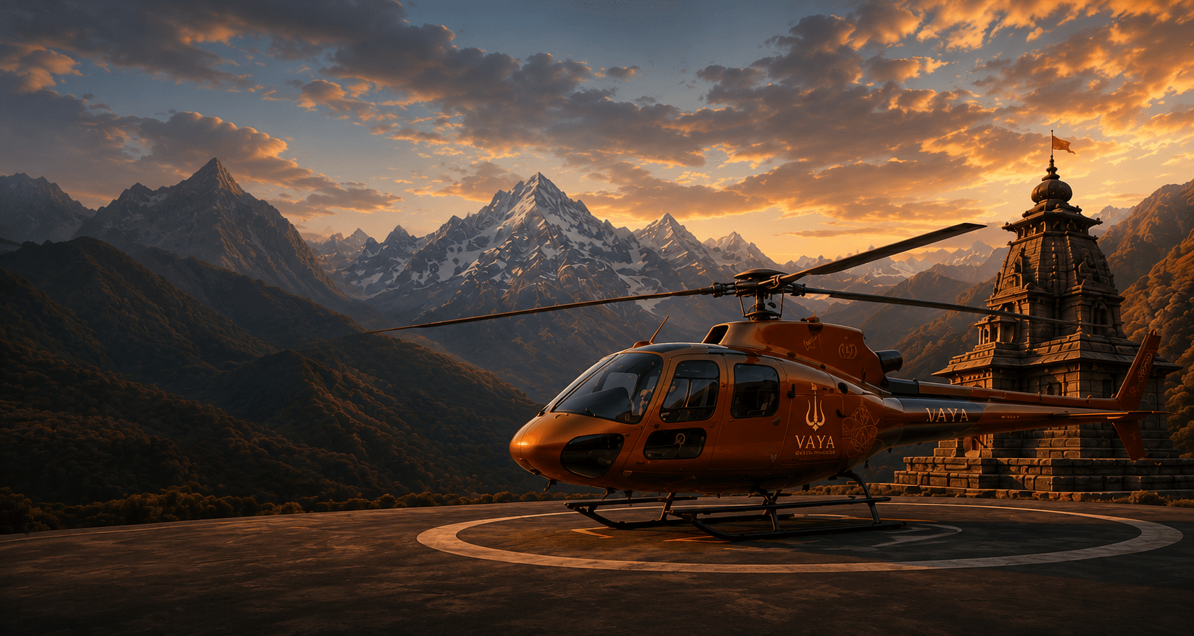 VAYA helicopter charter on a helipad with Himalayan peaks